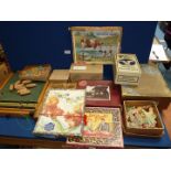 A box of assorted wooden puzzles including animal friends puzzle and a Bar Skittles game (ball