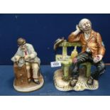 A Capo-di-monte figure of a tramp on a bench, 11 1/2'' tall and another of a clockmaker,