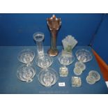 A quantity of glass including set of six sundae dishes, small vases and candle holders,