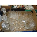 A quantity of glass including three decanters, champagne flutes, small Royal Doulton vase, jug,