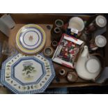 A box of pottery including Chinese candlesticks, a vintage teapot, small stoneware jars, plates,