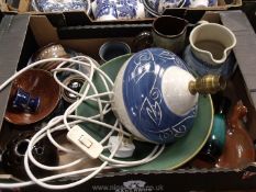 A quantity of Studio Pottery including Ledbury pottery table lamp, green salad bowl, blue jug ,