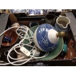 A quantity of Studio Pottery including Ledbury pottery table lamp, green salad bowl, blue jug ,