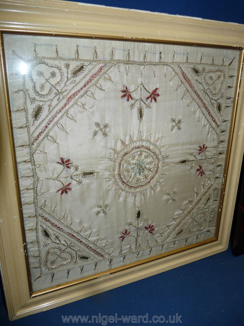 Two framed embroidered panels with silver thread work to the edge and floral centre, - Image 4 of 4