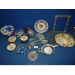 A box of miscellanea to include toast rack, pot of marbles, flask, dressing table set, frame etc.