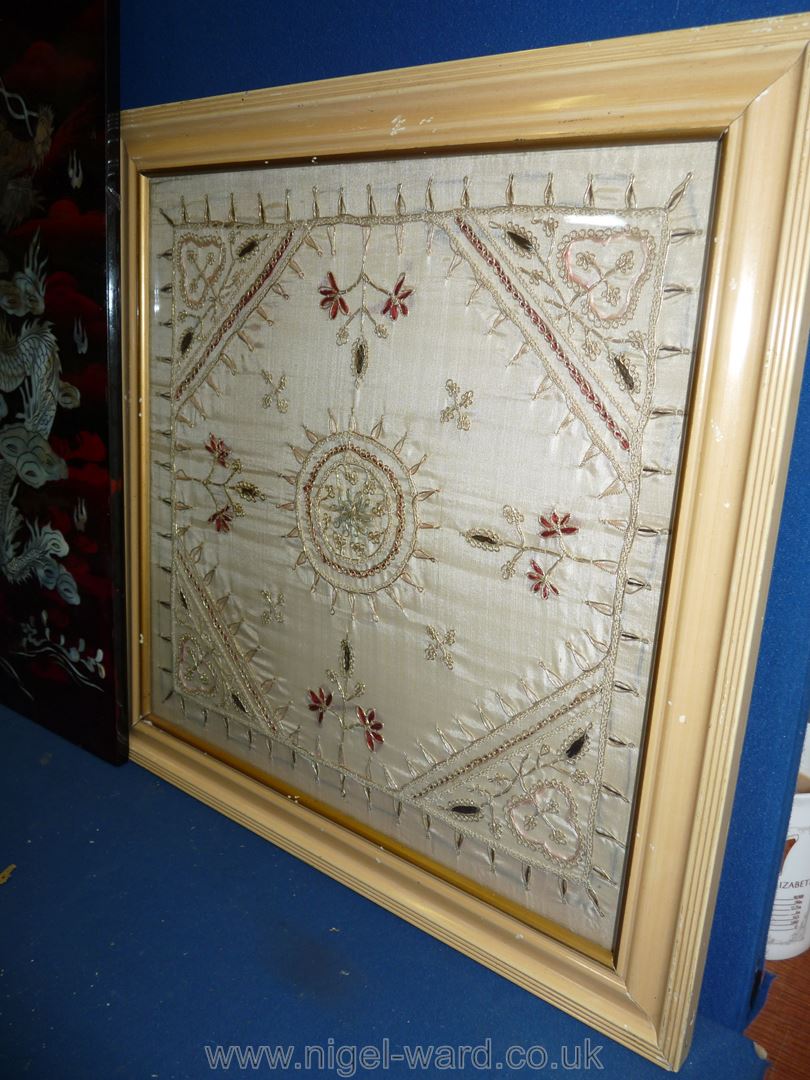 Two framed embroidered panels with silver thread work to the edge and floral centre, - Image 2 of 4