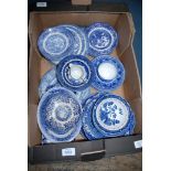 A quantity of blue and white including five 'Old Willow' tea plates, miscellaneous plates, cups,