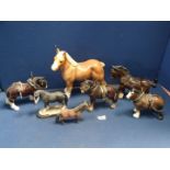 A quantity of china horses including large bay mare, Shire horse with harness,
