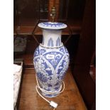 A blue and white lamp base, oriental, 22" tall.