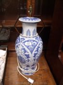 A blue and white lamp base, oriental, 22" tall.