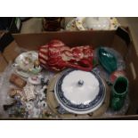 A box of mixed china to include red jug, Halstkamps small brown bottle, set of cats and dogs,