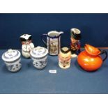 A Woods Burslem Art Deco teapot in striking orange, three Toby jugs, Cavalier 7", Humpty Dumpty 4",