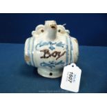 A very rare Nevers faience barrel form Flask marked 'BOY', c. 1750.