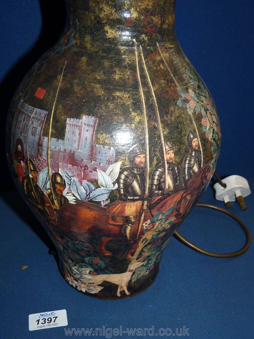 A tall ceramic table lamp with decoupage of Henry VIII, and a lion with wicker shade. - Image 3 of 4