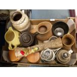 A quantity of German style pottery vases, table lamps, Prinknash vase, yellow bird jug etc.