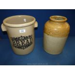 A stoneware bread jar with no lid, 12" tall with a salt glaze jar with 'George Skey,