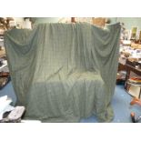 A large Curtain, lined, in green tweed type fabric, 23' wide x 90'' drop.