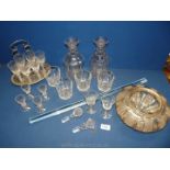 Two heavy Georgian glass decanters, glass rod, lampshade, set of 6 Webb sherry glasses, etc.