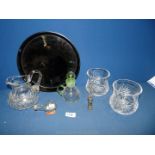 A quantity of glass on a coloured glass tray including a pair of short vases, water jug,