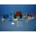 A small quantity of glass including blue paperweight with three bubbles, two glass birds,