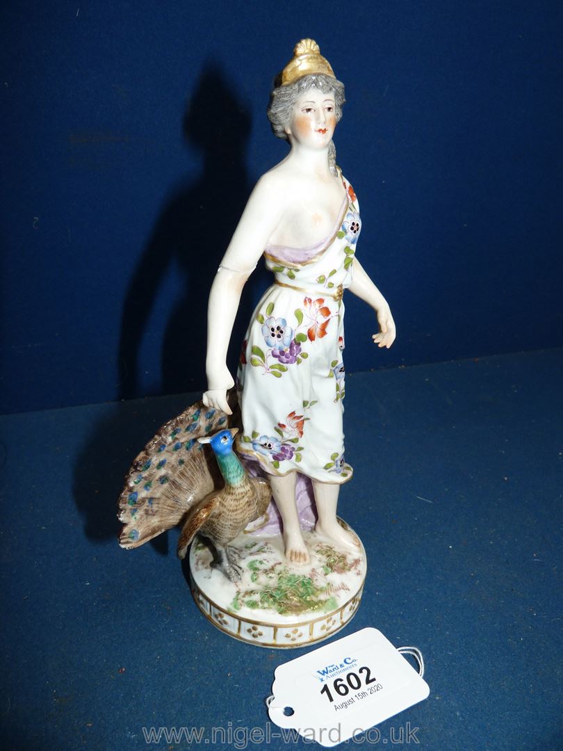 A 19th century Royal Vienna figure of a Juno accompanied by her peacock; shield mark in blue, - Image 2 of 8