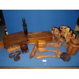 A box of wooden items including carved figures, Indian carved jar, miniature oriental screen etc.