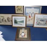 A framed print 'Dirty Dogs of Paris', signed watercolour of a Dutch lady with umbrella,