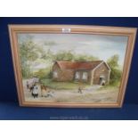 An unsigned Oil on canvas of a school house with children playing outside, 25" x 18".