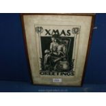 Walter E. Spradbery Linocut 'Xmas Greetings' circa 1930's.