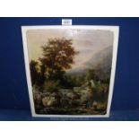 An old oil painting of women washing clothes in a river with cottages and mountains in the