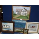 A quantity of oil paintings including Linda Hardine, black and white house, continental seascape,