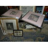 A box of various pictures and prints including an engraving of a judge, a broadsheet, photograph,
