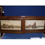 A pair of oak framed watercolours by A. Watts, 1908 of sailing barges on a river, 28'' x 17 1/2''.