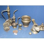 A box of Indian metal work including; ewer's, a rose bowl, oil lamps, etc.