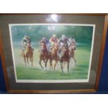 A framed and mounted limited edition print of Horse Racing by Peter Curling, no.