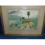 A coastal Watercolour with mediterranean vegetation titled verso 'clouds over Monte Verde,