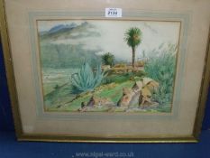 A coastal Watercolour with mediterranean vegetation titled verso 'clouds over Monte Verde,