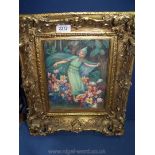 A large plaque in gilded frame of a girl with fairies, ref. Vienna 01470, 15'' x 13''.