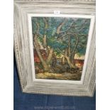 A heavy wooden framed Oil on canvas depicting a building with two trees and pots outside,