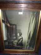 An oak framed Print depicting a lady stood reading her correspondence by open window, 21 1/2" x 26".