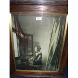 An oak framed Print depicting a lady stood reading her correspondence by open window, 21 1/2" x 26".