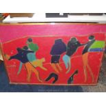 A large wooden framed abstract oil on canvas of figures playing with a ball,