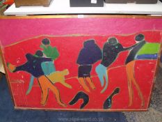 A large wooden framed abstract oil on canvas of figures playing with a ball,