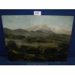 An Oil on board, hilly landscape with snow covered mountain range beyond,