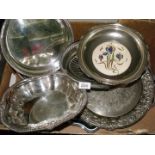 Eight plated trays and bowls including one with china base.