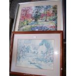 A large framed print of a Park scene together with a print of a cottage by Davina Darton.