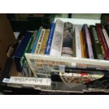 Box of Antique Reference books, snuff boxes, stoneware, bottles etc.