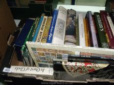 Box of Antique Reference books, snuff boxes, stoneware, bottles etc.