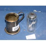 A silver topped glass jar plus silver tankard dated 1926, Birmingham hallmark.