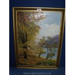 An Oil on board of a river scene with trees one side and rolling hills on the other,